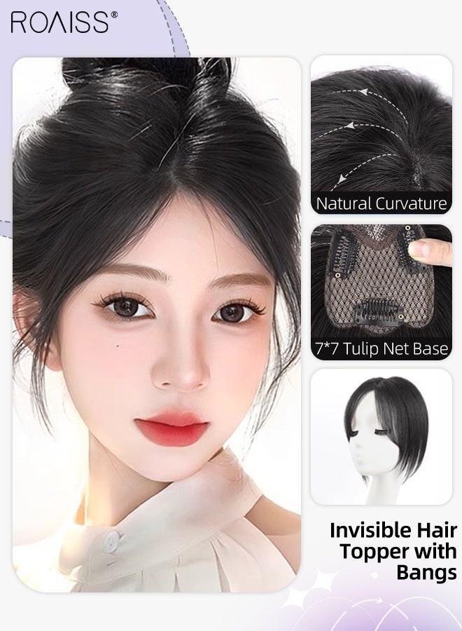 رويس قطعة شعر نسائية غير مرئية بدون خياطة، غرة أنيقة مفروقة من المنتصف، قطعة شعر شبكية داخلية رقيقة تسمح بمرور الهواء، مناسبة للنساء اللواتي يعانين من تساقط شعر خفيف، تغطي الشعر الرمادي وتزيد من كثافة الشعر، لون أسود طبيعي، 7×7 سم - Image 1